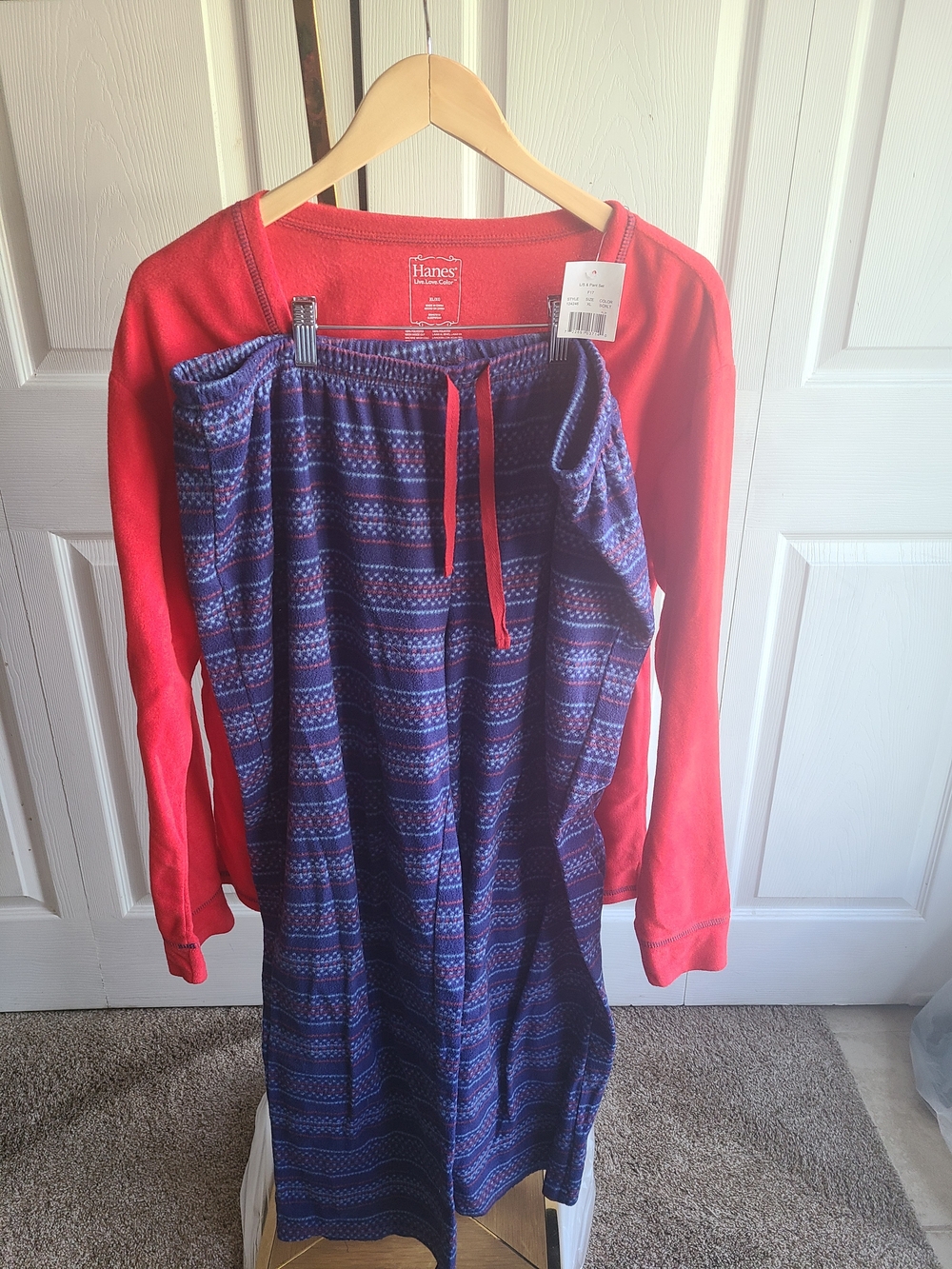 Hanes Red Long-Sleeve Top with Navy Patterned Pajama Pants